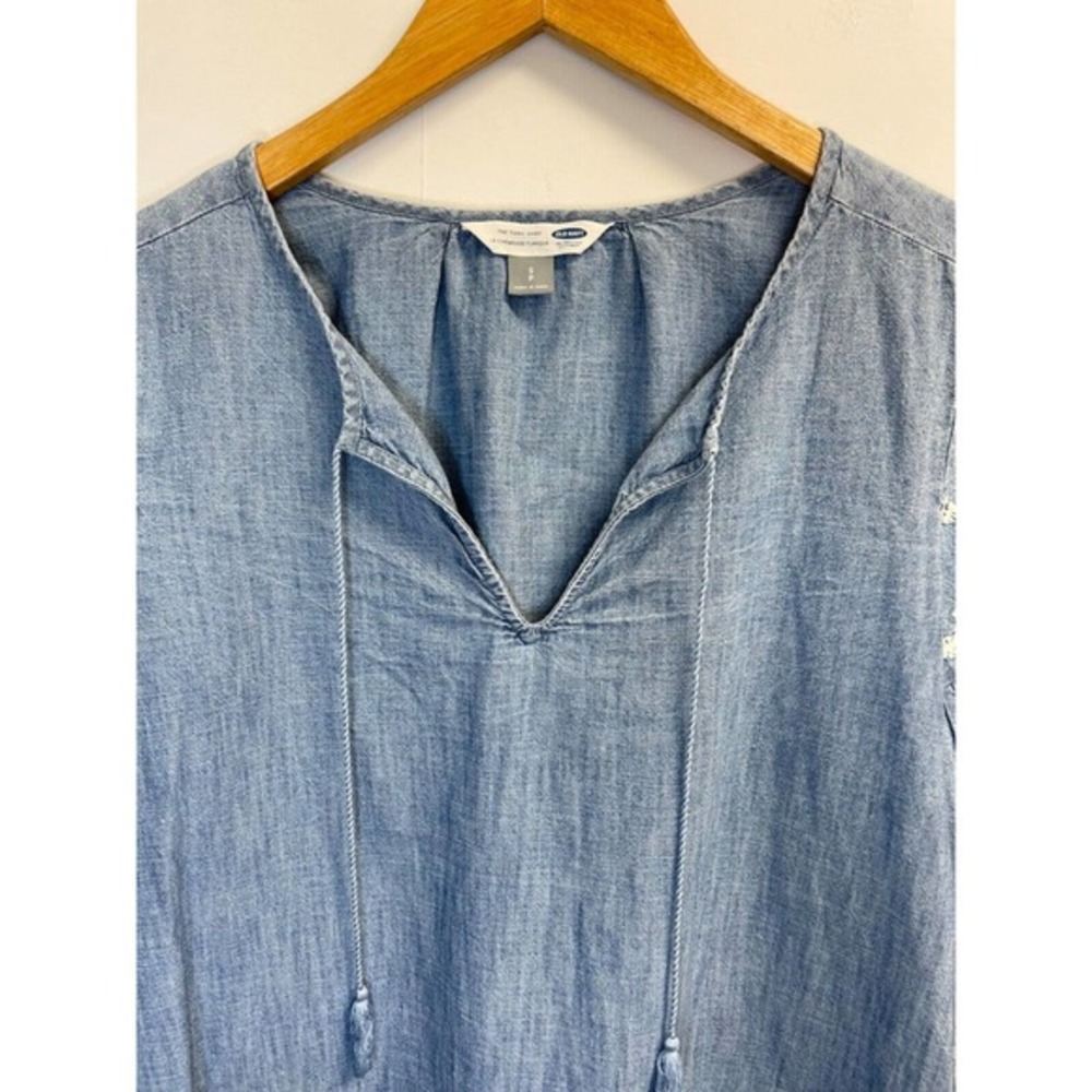 Old Navy Womens Size S Chambray Embroidered Tunic Top Balloon Sleeve Tassel Blue - Picture 5 of 8